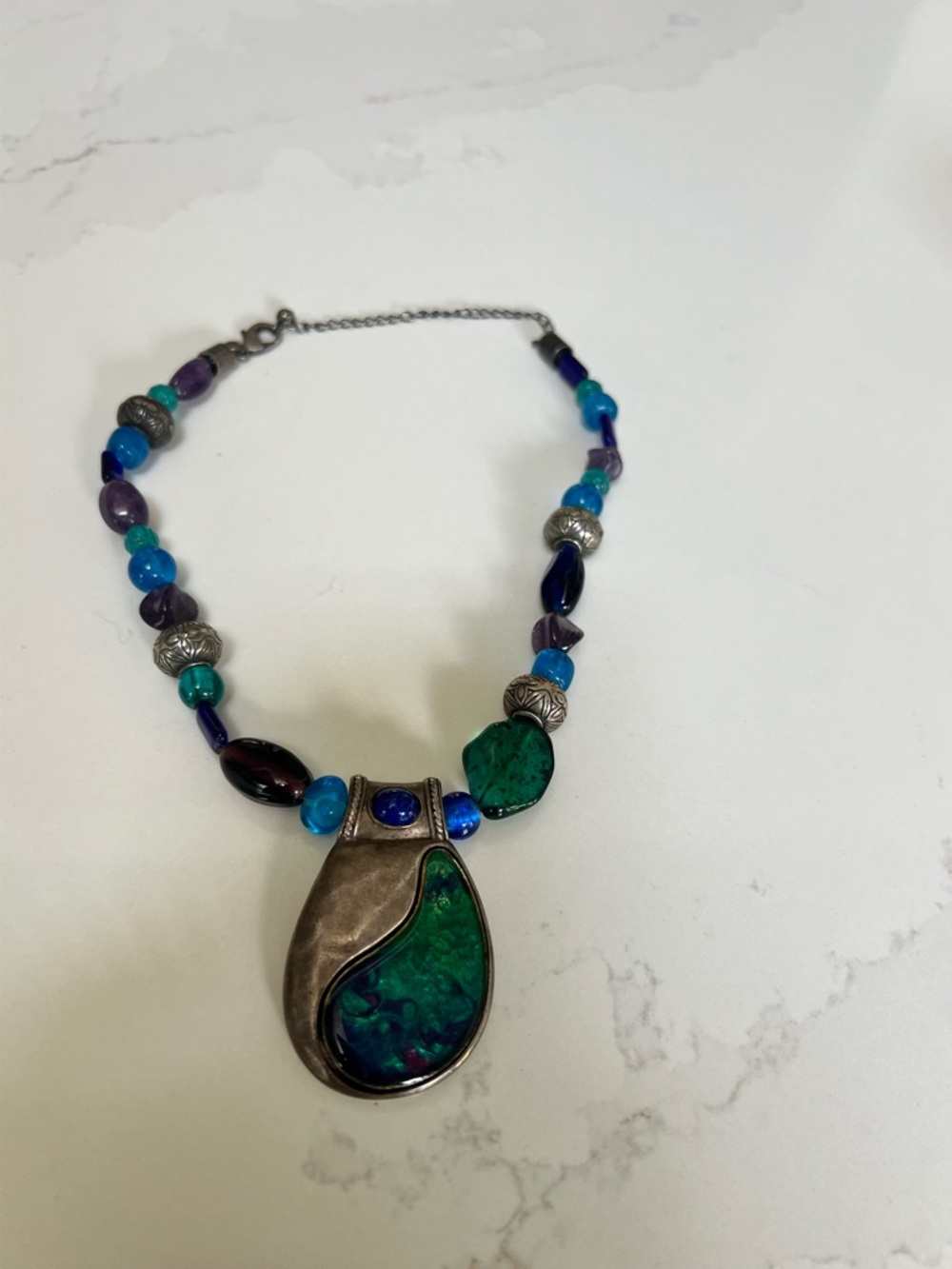 Vintage Chico's Silver-Tone Necklace with Green & Blue Accents